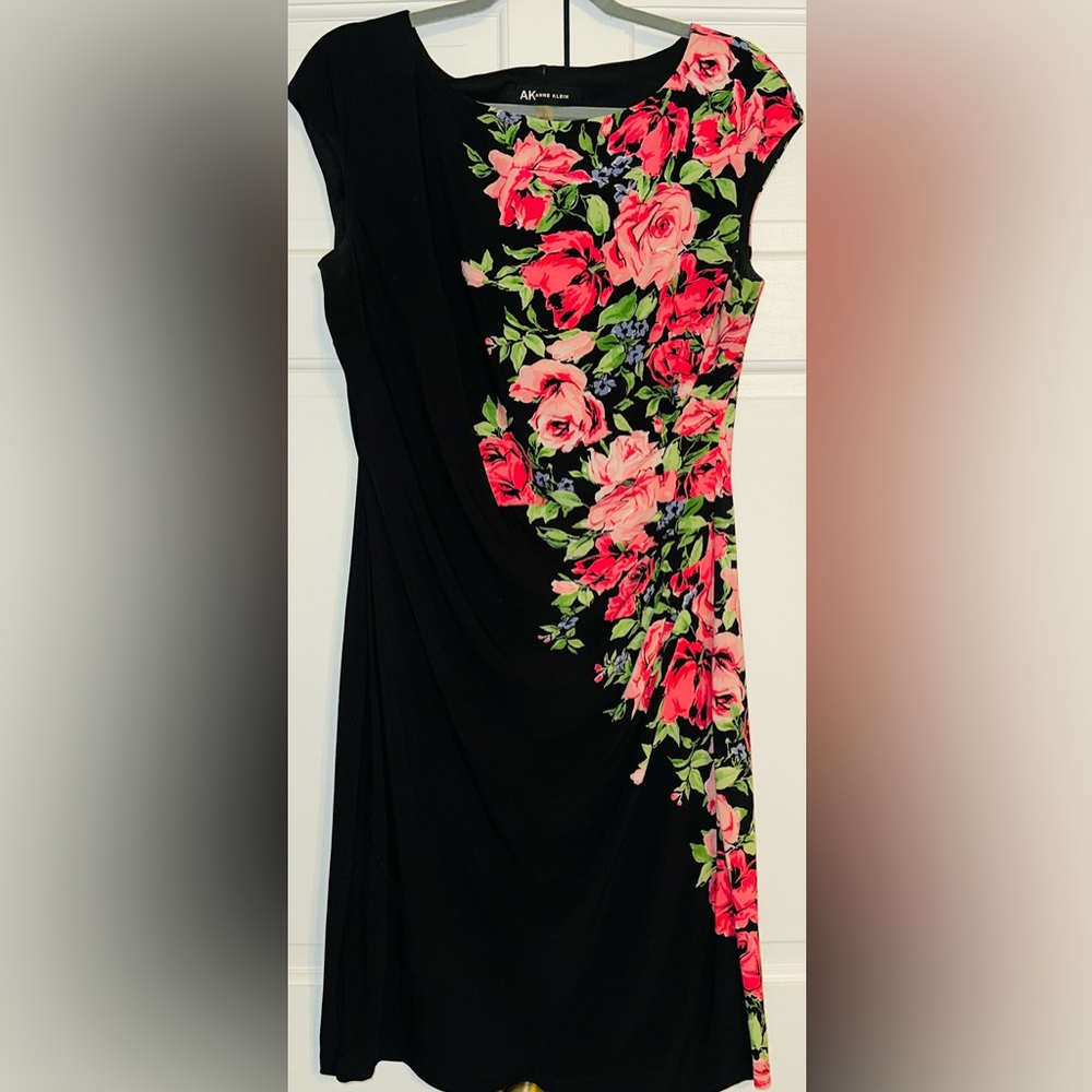Floral Black Dress with Pink and Green Accents